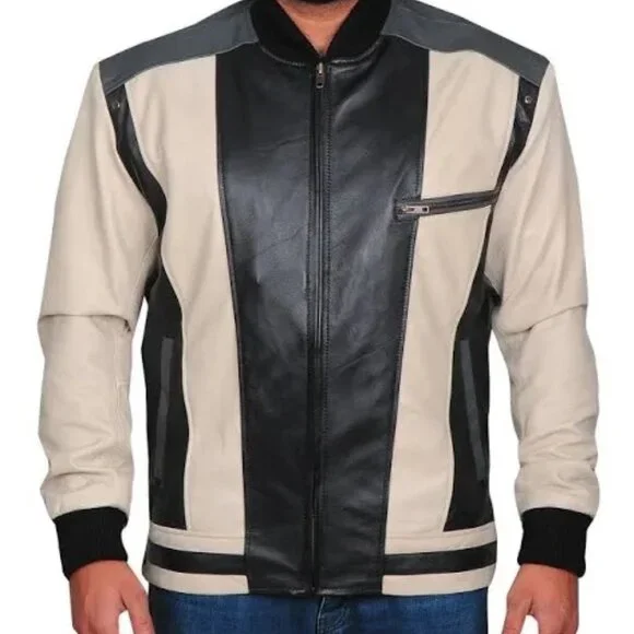 Men's Black and Cream Bomber Jacket - Picture 5 of 6